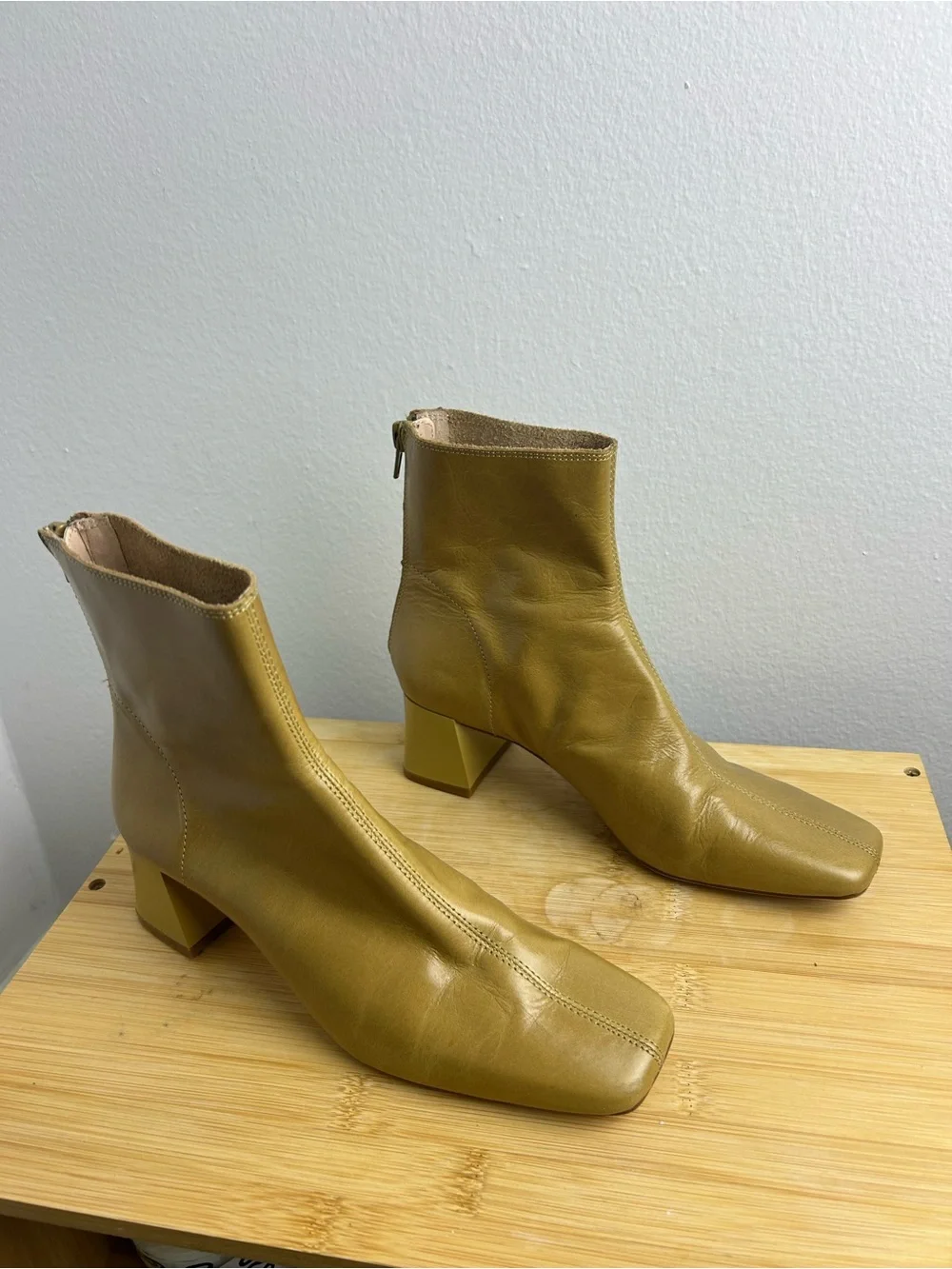 Mango Squared Toe Leather Ankle Boots Size 36 Women's Block Heel butter yellow